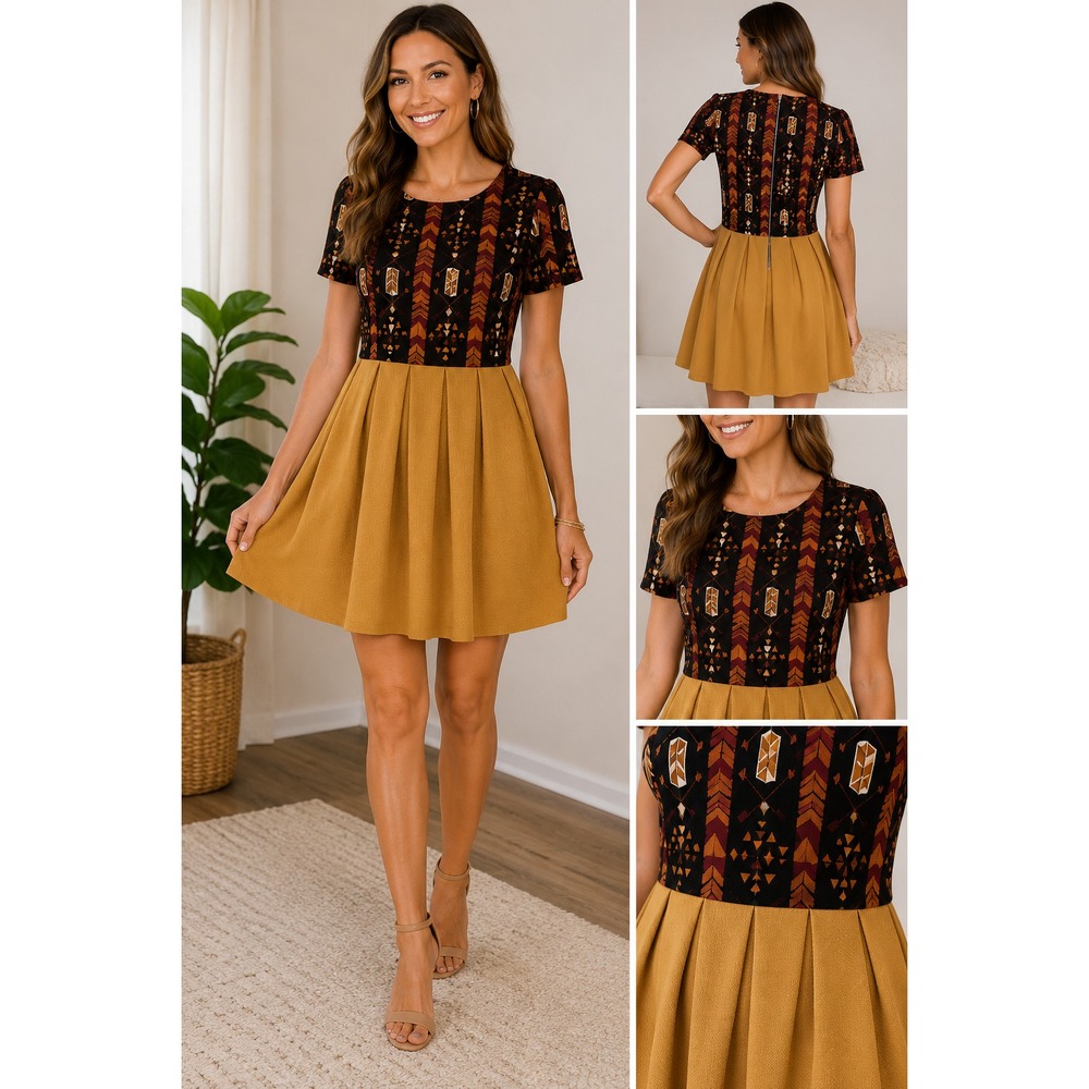 LuLaRoe Amelia XS Mustard Yellow Gold Geometric Arrow Pleated Dress Pockets